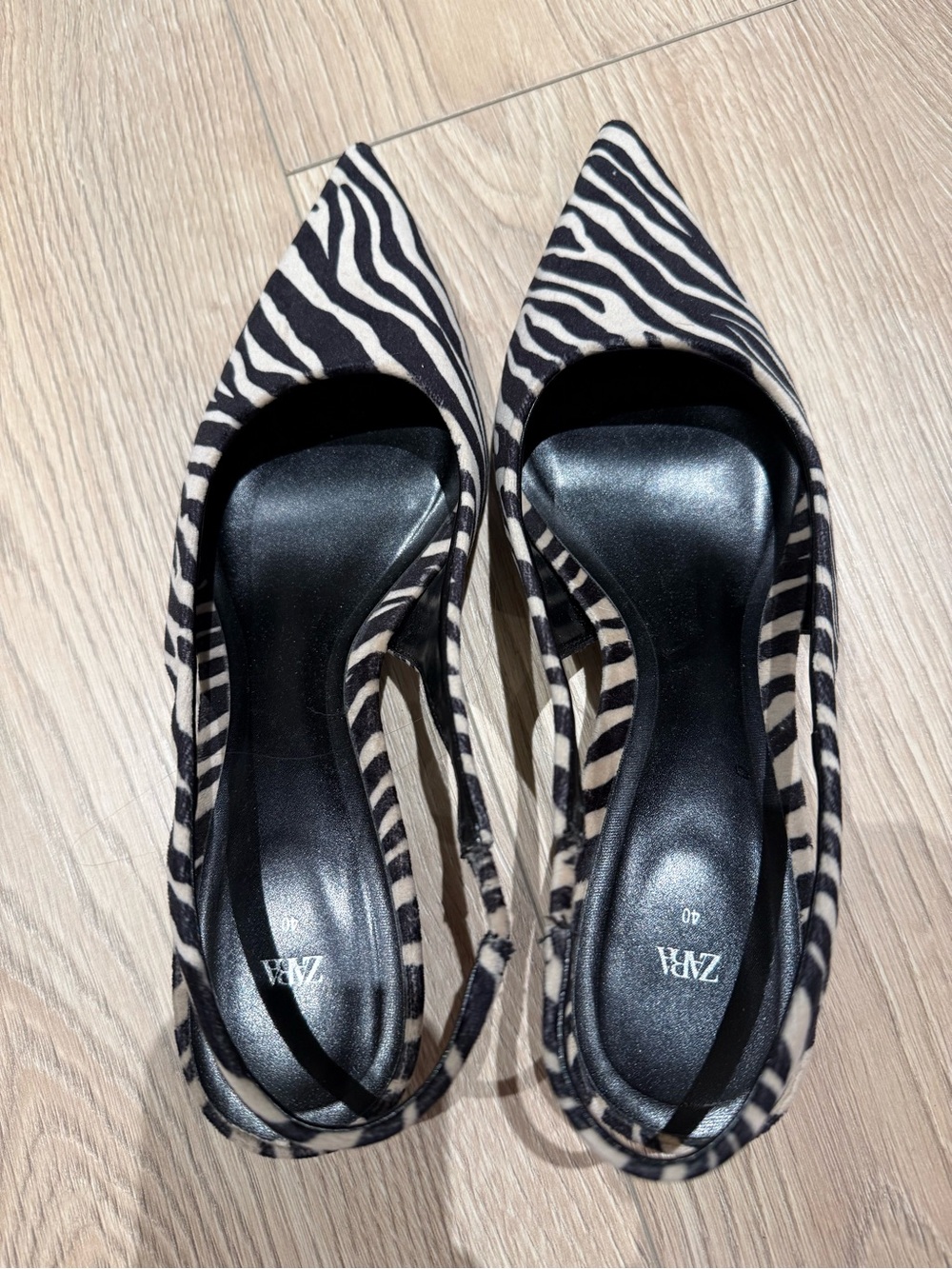 Zara Zebra-Print Pointed Slingback Kitten Heels